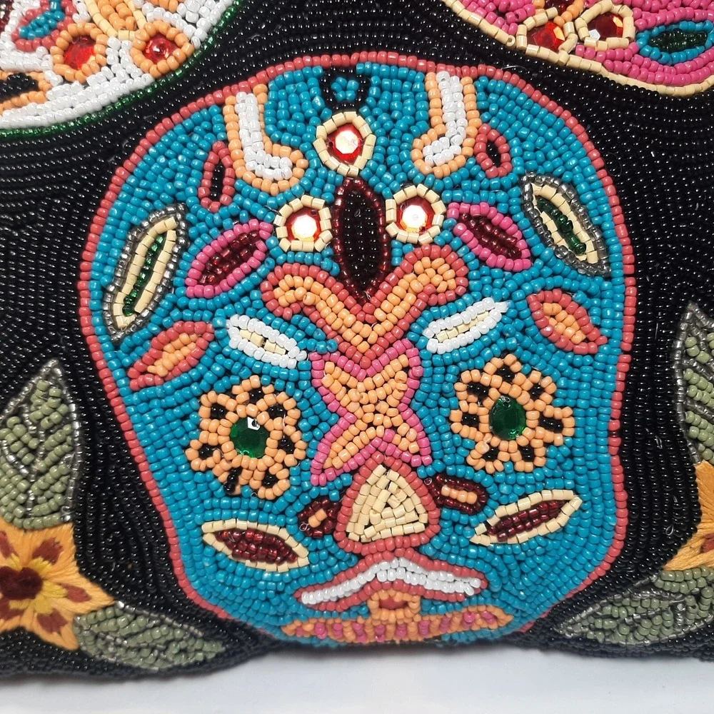 PIER 1 Beaded Sugar Skull DAY OF THE DEAD Halloween VIBRANT Colors Pillow 13x13